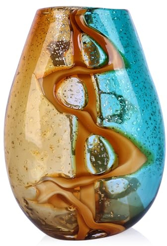 Hübsche, mundgeblasene Glasvase, farbige Glas-Blumenvasen, Heimdekoration, bernsteinfarbene und blaugrüne dekorative Murano-Vase für Wohnzimmer, Büro, Schlafzimmer, Küstentisch, Tafelaufsätze