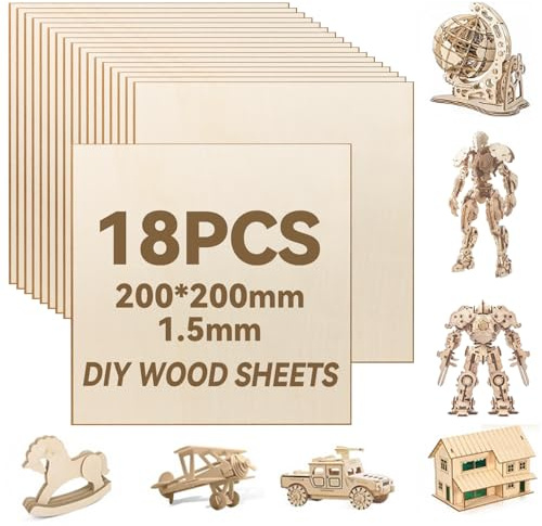 18 Pannelli in Legno Compensato da 1,5 mm, per Fai da te, 200 X 200 X 1,5 mm, in Legno di Balsa, per Lavorazione Laser, Fai da te