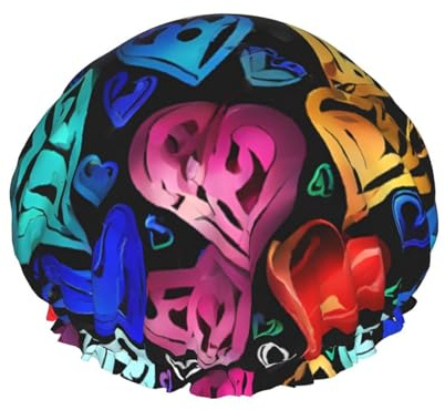Rainbow Hearts -Print Extra Large Waterproof Shower Cap-Double Layer Protection For Long/Curly Hair - Reusable & Travel Friendly.