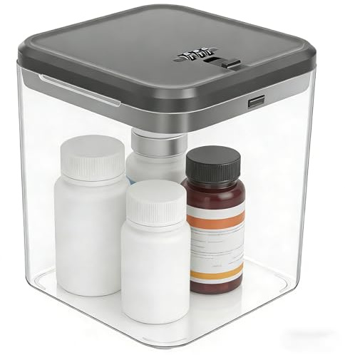 Ghshanog Lockable Storage Box with Combination Code, Clear Medicine Lock Box,14.1x14.1x16cm Lockable Container Plastic Phone Jail Small Snack Bin Gaming Device Container for Home Fridge Office Travel