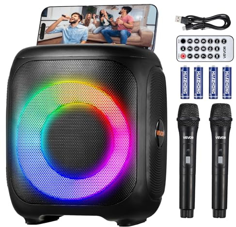 VEVOR Karaoké Adulte, 15 W, Enceinte Bluetooth Portable avec 2 Microphones sans Fil, Lumière LED, Fonction TWS, Poignée, Prise en Charge de Carte Micro TF, USB, AUX, pour Karaoké de Fêtes, Soirées