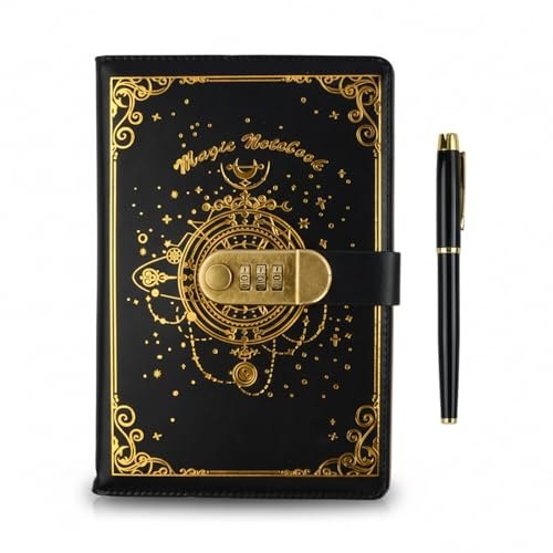 Aurafly Journal Intime A5 avec Cadenas, 200Pages Notes de Journal de Serrure A5 en Cuir PU, Carnet Verrouillable Rétro avec Stylo pour Garçons et Filles, Convient aux élèves de Bureau et D'école, Noir