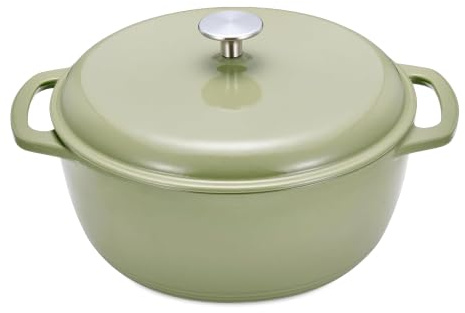Amazon Basics Casseruola Rotonda in Ghisa Smaltata con Coperchio, 6,9 L, Verde Oliva