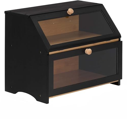 SPRINGOS Contenitore per il pane in bambù nero, a due piani, con finestre in acrilico, per pane, panini, pasticcini, cucina, conservazione, porta magnetica, grande capacità, design in legno