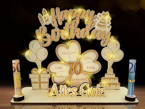 XIESUNUN 70 Geburtstag Geldgeschenk für Männer Frauen,3D Kleeblatt Glück Happy Birthday Geldgeschenke Verpackung für 70. Geburtstag,Holz Gästebuch Personalisierbare Tischdeko für Frau Mann