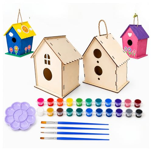 W-Direct DIY Wooden Birdhouse Painting Kit (4 Pack) – Build & Paint Craft Set with 24 Paints and 4 Brushes Hanging Rope, Educational Art Activity Toy