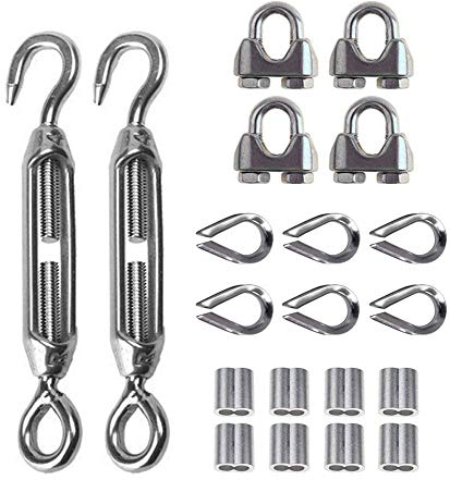 TooTaci 3mm Drahtseil Spanner Set,3mm Seilspanner Edelstahl Set,M6 Drahtspanner Spannschloss,3mm Drahtseilklemmen,Crimpschlaufe,Kauschen,für Zaunspanner,Rankhilfe Seil,Vorhang Seilspannsystem Spanner