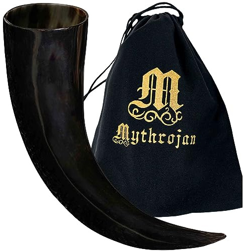 Mythrojan Corno da bere vichingo 600 ml in vera corna per ale, vino, birra, boccale norreno, grado alimentare, corno genuino in stile vichingo, regalo per uomini e donne