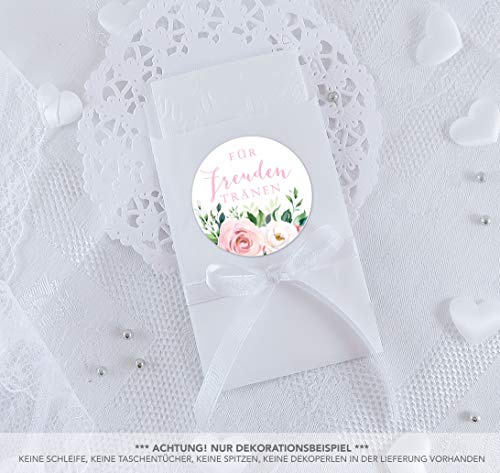Freuden Tränen Taschentücher Set zur Hochzeit Klein 24 Sticker + 24 weiße Flachbeutel 63 x 93 mm Freudentränen Taschentuch Verpackung BOHO HIPPIE ROSEN EUKALYPTUS BLATT WEIß ROT ROSA BLAU GRÜN