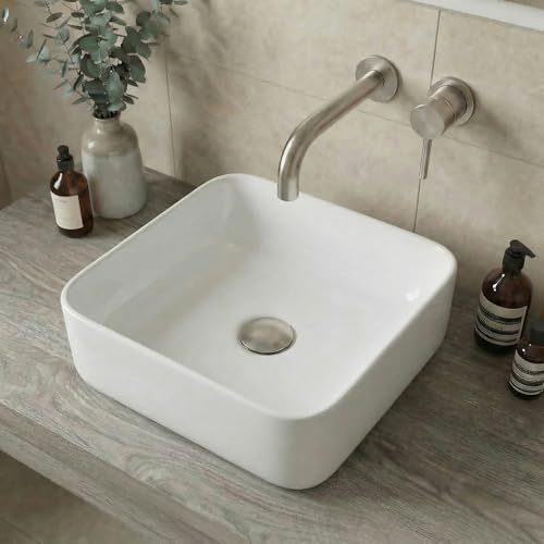 Affine® Countertop Basin for Bathroom and Cloakroom Hand Wash Basins Sink Modern White Gloss Square, 365 x 365mm