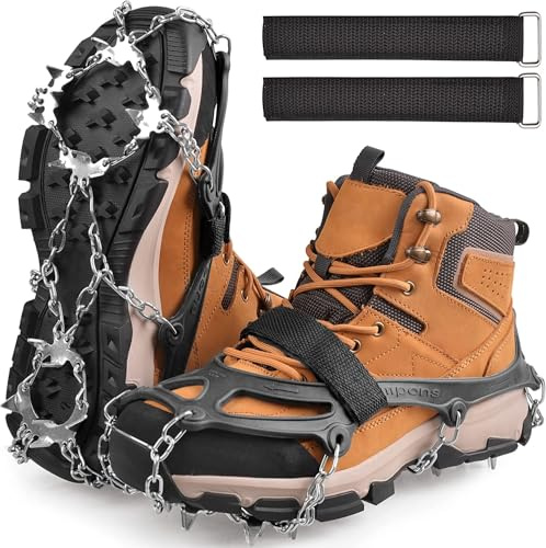 Steigeisen für Bergschuhe Winter Grödel für Wanderschuhe mit 19 Zähne Anti-Rutsch Schuhspikes Eisstollen Traktion Schneeschuhe Spikes Eiskrallen für Wandern Running Trail Trekking Winter Outdoor