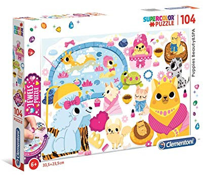 Clementoni 20167 Jewels Puzzle Welpen-Schönheitssalon – Puzzle 104 Teile ab 6 Jahren, farbenfrohes Kinderpuzzle mit Glitzersteinen zum Aufkleben, Geschicklichkeitsspiel für Kinder
