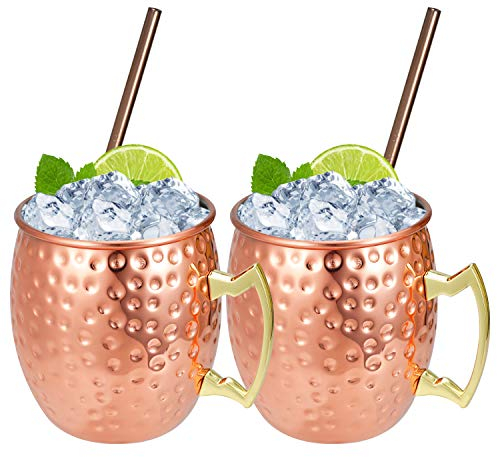 Hossejoy Moscow Mule Lot de 2 gobelets en cuivre de 550 ml et 2 pailles – Idéal pour les cocktails et boissons fraîches – 100 % cuivre accessoires
