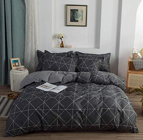 GETIYA Kinder Bettwäsche 135x200 Dunkelgrau Kariert Bettbezug Set Weiche Mikrofaser Geometrisch Wendebettwäsche mit Kissenbezug 80x80 cm Dunkelgrau Kariert mit Reißverschluss