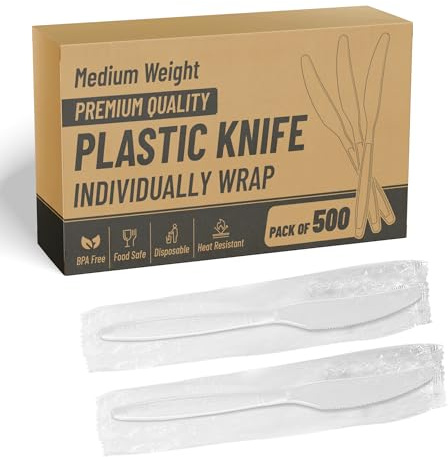 SafeWare Individually Wrapped White Plastic Knives 500 Pcs - Medium Weight - Ideal for House Party, Backyard BBQ, Picnic, Home, Use.……