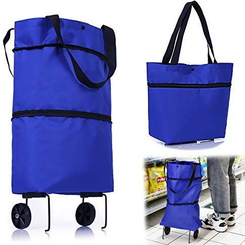 INHEMING Carrello Portaspesa,Borsa per la Spesa Pieghevole con 2 Ruot,Multifunzione, per la Spesa, da Viaggio Blu