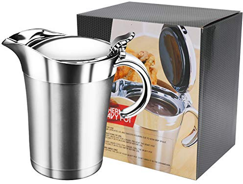 IAXSEE Gravy Boat 26oz Extra Large Double Insulated 304 Stainless Steel, Gravy Warmer, Double Wall Creamer Pitcher and Caramel Sauce for Coffee, Stainless Steel Pitcher