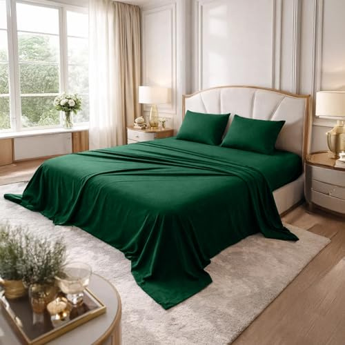 DAN RIVER California King Sheet Set Soft 100% Cotton T-Shirt Sheets Deep Pocket Jersey Knit Bed Sheets, 4-Piece Bedding Set for All-Season Comfort Hunter Green
