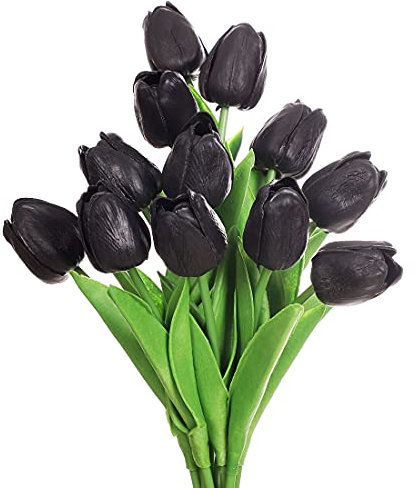 huaao 12pcs Künstliche Tulpen Real Touch Latex Gefälschte Tulpen Blumen Blumensträuße Blumen Arrangement für Home Room Hochzeitsstrauß Party Herzstück Dekor Schwarz