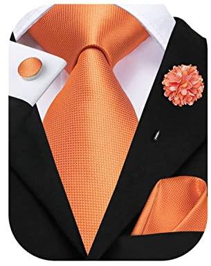 Hi-Tie Orange Ties for Men Silk Solid Mens Tie Set 4 PCS Necktie Flower Lapel Pin Pocket Square Cufflinks for Wedding