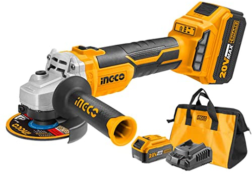 Ingco Cagli11522 - Amoladora angular con batería de 20 V, 2 baterías de 4 Ah, cargador y bolsa incluidas