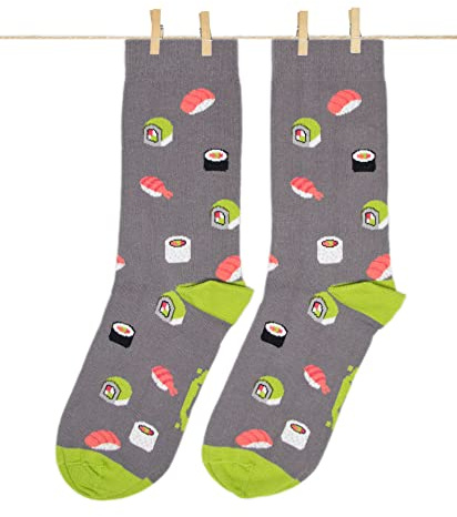 Roits Calcetines Sushi Gris Hombre y Mujer - Calcetines de Dibujos Divertidos Originales Regalo Estampados Colores Molones Accesorios Comida