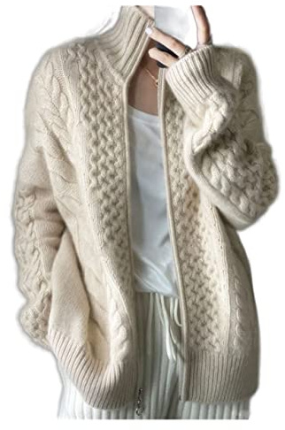 VATIVA Kvinna 100 % kashmir lös tunn dragkedja tröja tjock höghalsad kashmir stickad cardigan (färg: ECRU, storlek: L)