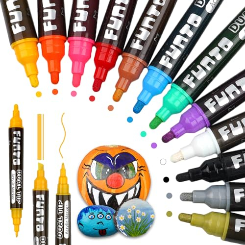 Funto Zwei-Küppige Akryl-Farbmarker, 12 Farben mit 3 Spitzen, Extra Fein, Rund und Keilförmig, Schnell Trocknend für Steinmalerei, Kunst und Handwerk