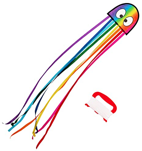Wolkenstürmer® Mini Oktopus (Regenbogen) Kinderdrachen - Oktopus Krake Einleinerdrachen mit Handgriff & 40m Schnur - 1-Leiner Drachen & Flugspielzeug