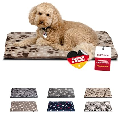 HS-Hundebett® Hundedecke M (65x95 cm) – Wendbar & gemütlich Dank 3 cm Füllung – Perfekt fürs Sofa, Auto & Hundebox – Pfote Beige, Made in DE