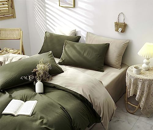 Freyamy Bettwäsche 200x220 cm Grün Dunkelgrün Beige Uni Einfarbig Wendebettwäsche Gewaschene Mikrofaser 3teilig Bettwäsche Set 1 Deckenbezug und 2 Kissenbezug 80x80 cm mit Reißverschlüsse