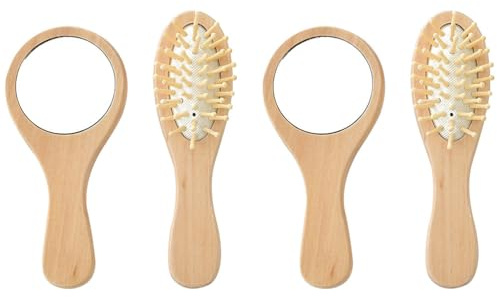 minkissy Portable Mirror Hair Brush Set Compact Handheld Cosmetic Mirror with High Definition Surface and Vintage Wood Hair Comb for Travel and Daily Styling