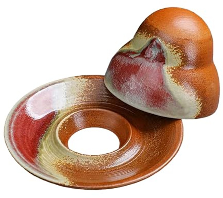 Chocolate&VanillaMelt Japanese Ceramic Cup & Saucer Set - Coffee, Espresso - Rustic, Vintage Drinking Earthenware Sets - Innovative Conical Design & Hollow Coaster (Brown)