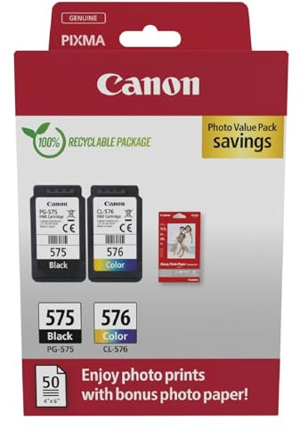 Canon Multipack Cartuccia & Carta - 2 Cartucce per Stampante Originali PG-575/CL-576 (1 x Nero, 1 x Colori) & 4x6 Carta Fotografica (50 x Fogli)