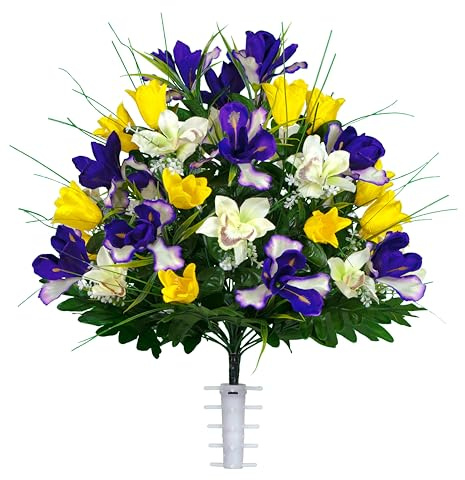 Sympathy Silks Artificial Cemetery Flowers - Grave Decoration - Yellow Tulips and Purple Iris (1) Bouquet