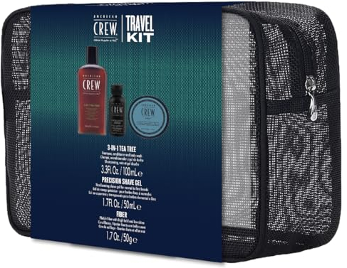 American Crew, Kit da viaggio, cura capelli e corpo uomo, 3 in 1 shampoo e gel doccia, gel da barba preciso, fibra cera per acconciatura, tenuta forte, 100 ml, 50 g, 50 g