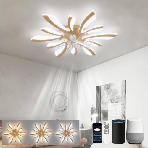 LJX Deckenleuchte mit Ventilator Kompatibel mit Alexa und Google Assistant Dc 78cm Deckenlampe mit Ventilator Leise Winter/Sommerbetrieb Dimmbar für Schlafzimmer Küchen, Gold