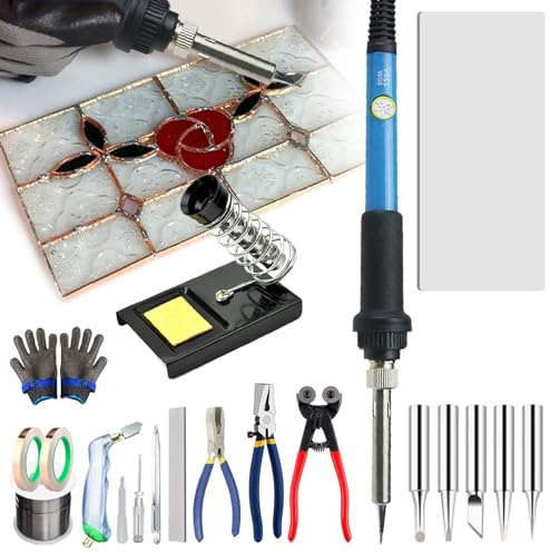 HYQNG Professionelles 23-teiliges Buntglas-Starter-Werkzeugset, einfaches DIY-Glas- und Mosaik-Werkzeugset, Glasschneider-Werkzeug und Lötkolben-Set, für Glasarbeiter/Glashandwerk-Enthusiasten