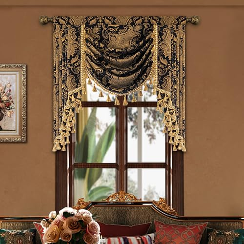 TOPLUXE Swag Volant Vorhang für Schlafzimmer Esszimmer Wohnzimmer Küche, Damast Kurzstore Waterfall Volant-Vorhang für Fenster 1 Stück (Breite 100cm, Schwarz)