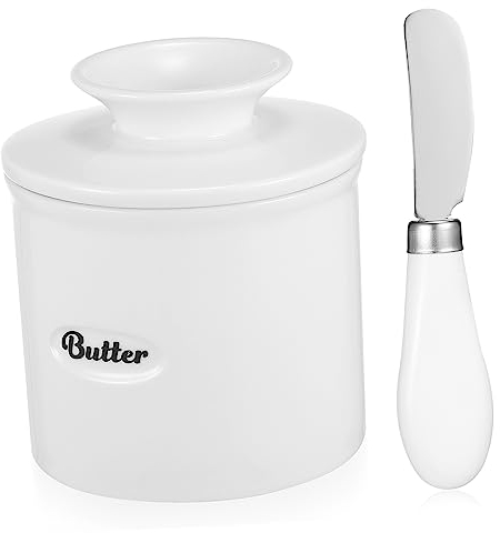 Zerodeko Mantequera Cerámica Blanca Con Tapa y Cortador De Acero Inoxidable Vaso Para Mantequilla Diseño Estable y Fácil Limpieza Para Cocinas y Restaurantes