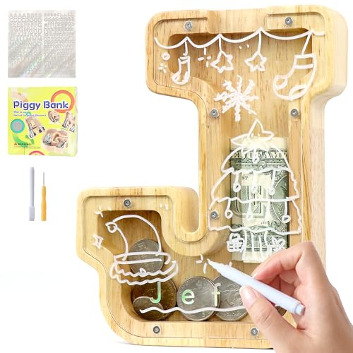 Lakpopya Spardose für Kinder Jungen Mädchen - Personalisiert Durchsichtig Mit Buchstabe Holz A-Z, Zielbereich, Aufkleber & Marker - Taufe Geschenk Dekoration (J)
