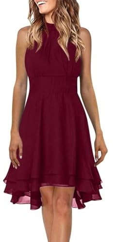 strandtunika Damen Kleid schwarz Vokuhila Kleid tüllrock Damen lang Einfarbig Chiffon Neckholder Ärmelloses Kurz Kleid Hawaii Outfit Damen Ball Kleider (Wein, L)