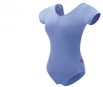 HEARTTOUCH Gymnastikbody Damen Turnanzug Turntrikot Kurzarm Ballett Tanzbody Spitze Trikots Bodysuit Rückenfrei Gymnastikanzug Tanzbekleidung (Blau,M)