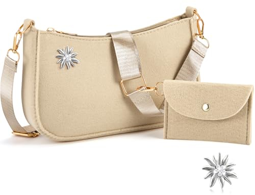 Weewooday Trachtentasche Filz Damen Handtasche mit 2 Edelweiß Brosche Traditionelle Bierfest Kleid Umhängetasche Zubehör mit kleine Filztasche Silberne Edelweiß Dekoration für Festtagskleider(Khaki)