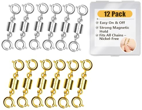 12Pcs Magnetic Necklace Clasps Labstor for Jewellery Making, Magnet Extender Clasps for Bracelet Necklaces Anklet Chain Fasteners Clasps for DIY Anniversary Holiday Christmas Gifts Gold & Silver