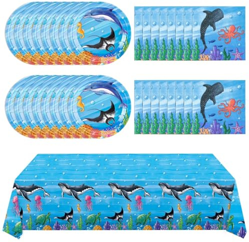 WERNNSAI Under the Sea Party Supplies - 48PCS Ocean Birthday Plates Napkins Tablecloth for Kids Boys Blue Sea Animal Party Supplies Tableware Underwater Summer Beach Decorations Serves 16 Guests