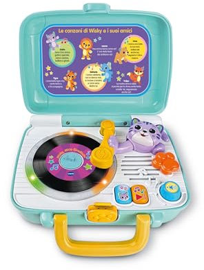 VTech Wisky, Micio Giradischi, Giradischi per Bambini, 5 Dischi Fronte-Retro, Regolazione Volume, Valigetta Inclusa, 6 Canzoni, Lingua Italiana, Batterie Incluse, 1-4 Anni