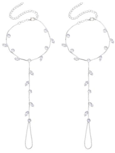 AHANDMAKER 2 Stück Barfußsandalen Mit Strasssteinen Silberne Fußkette Mit Zehenring Aus Strass Knöchel Armband Aus Legierung Mit Kristallen Und Blatt Fußschmuck Braut Fußkette Mit Strasssteinen