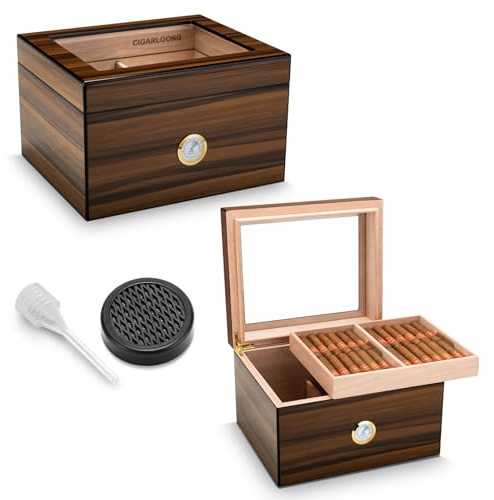 Humidor aus Zedernholz mit Luftbefeuchter und Hygrometer, doppellagige Struktur für 65 bis 75 Stück, Zigarren nicht im Lieferumfang enthalten (groß)