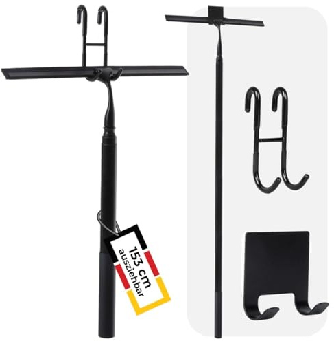 cocofy Duschskrapa med teleskophandtag 43–153 cm lång 35 cm bred, 2 krokar, långt handtag, teleskop, golvskrapa svart, avdragare teleskop, svart